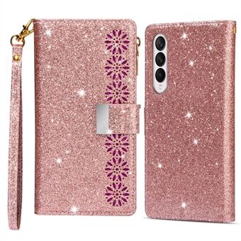 For Samsung Galaxy Z Fold4 5G Style Bling Star Laser Utførelse Telefondeksel Veske Glidelås Stand Anti-slitasje lær telefonveske med stropp