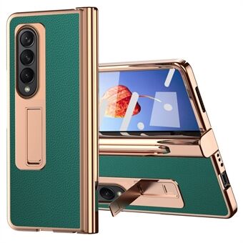 For Samsung Galaxy Z Fold4 5G Hinge Protection Anti-fall PU Leather + Hard PC Shell Electroplating Kickstand Cover med innebygd herdet glass-skjermbeskytter og S Pen