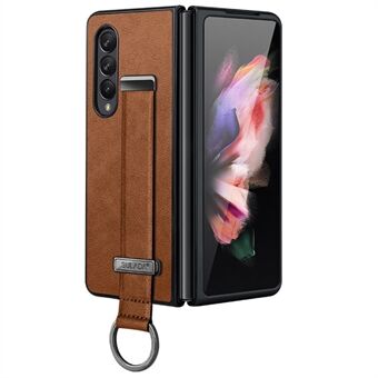 SULADA Fashion Series for Samsung Galaxy Z Fold4 5G Kickstand Design Anti-fingeravtrykk voksaktig lærbelagt PC-skall Elektropleringstelefonveske med armbånd