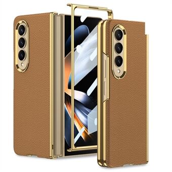 GKK For Samsung Galaxy Z Fold4 5G Litchi Tekstur Elektroplettering Telefonveske Buet Edge PU-skinnbelagt PC-deksel med herdet glassfilm