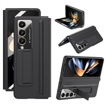 For Samsung Galaxy Z Fold4 5G Case Hinge Leather+PC Kickstand Cover med herdet glassfilm.