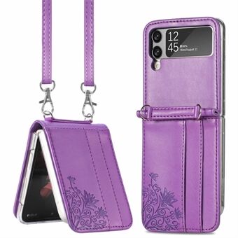 Kortholder Telefonveske for Samsung Galaxy Z Flip4 5G, Imprinting Flower PU-skinnbelagt PC-deksel med skulderstropp