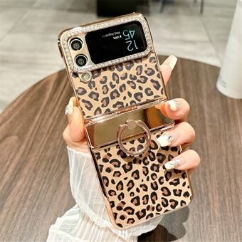 For Samsung Galaxy Z Flip4 5G Etui Leopard Mønster Ringholder Rhinestone Hard PC Telefondeksel