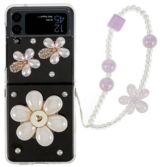 For Samsung Galaxy Z Flip4 5G Sunflower Rhinestone Decor Telefonveske Hard PC Støtsikkert beskyttelsesdeksel med armbåndsrem