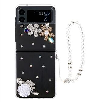 For Samsung Galaxy Z Flip4 5G White Camellia Rhinestone Design Glitter Sparkly Cover Hard PC Anti- Scratch telefonveske med armbåndsrem