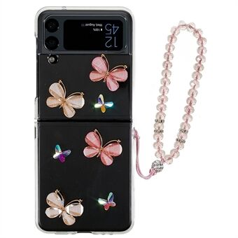 For Samsung Galaxy Z Flip4 5G Sommerfugler Rhinestone Shiny Back Case Støtsikker hardt PC sammenleggbart telefondeksel med armbåndsrem