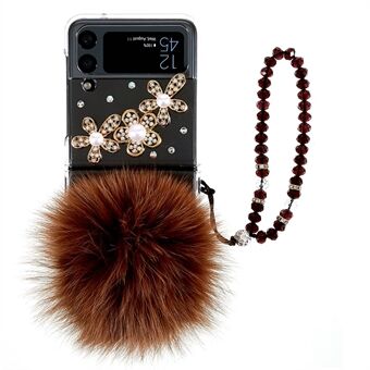 For Samsung Galaxy Z Flip4 5G Rhinestone Decor Fluffy Coffee Ball Telefonveske Hard PC Drop Protection Bakdeksel med armbåndsrem