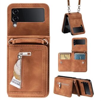 For Samsung Galaxy Z Flip4 5G Kickstand Case Zipper Pocket Leather Cover med håndrem og skulderrem.