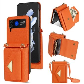 For Samsung Galaxy Z Flip4 5G Case Card Bag Leather+PC Drop-proof Cover with Shoulder Strap would be translated to Norwegian as:

For Samsung Galaxy Z Flip4 5G-etui med kortveske i skinn+PC, støtsikker deksel med skulderrem.