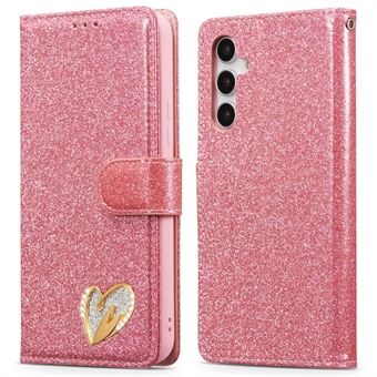 For Samsung Galaxy A14 4G / 5G Glitter Lærveske med Diamant Kjærlighets Hjerte Lommebok Stativ Flipdeksel