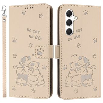 For Samsung Galaxy A14 5G / 4G Etui med Stropp Katter Preget Lær Lommebok Telefondeksel