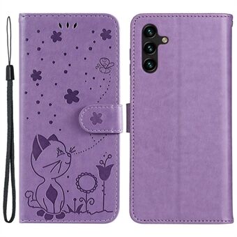 For Samsung Galaxy A14 5G KT Imprinting Flower Series-4 Støtsikker telefonveske påtrykt katte- og bie-mønster PU-skinn flip Stand med stropp