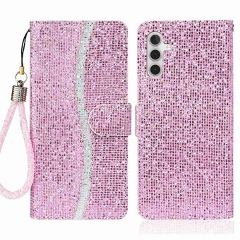 For Samsung Galaxy A14 5G telefondeksel glitrende pulver PU-skinn sammenleggbart Stand Lommebokstil flip-skall med håndleddsstropp