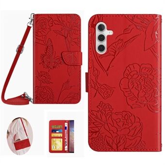 For Samsung Galaxy A14 5G HT03 påtrykte sommerfuglblomster PU lær lommebokveske Skin-touch Stand Magnetisk lukket telefondeksel med skulderstropp