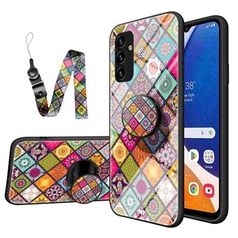 For Samsung Galaxy A14 5G Blomstermønster Design Telefonveske PC + TPU + Herdet glass Støtsikker beskyttelse Støttedeksel med snor