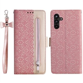 For Samsung Galaxy A14 5G Stand Glidelås lommebok Blondeblomstermønster PU-skinntelefonveske med sløyfe håndleddsstropp