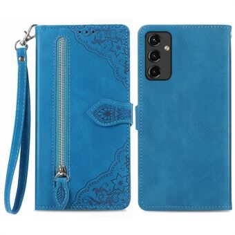 For Samsung Galaxy A14 5G / A14 4G Drop Protection Flip Telefonveske Stand Blomsterpåtrykt PU-skinn Glidelåslommetelefondeksel