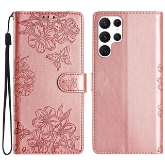 For Samsung Galaxy S23 Ultra-etui med Sakura Butterfly Imprint, beskyttende deksel i skinn for mobiltelefoner.