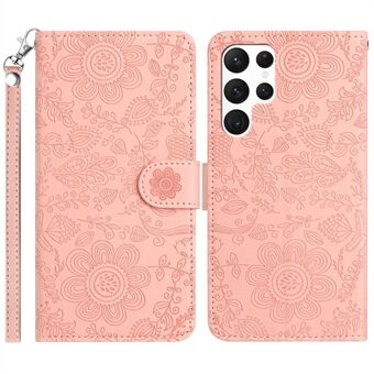 For Samsung Galaxy S23 Ultra Etui Blomsterpreging Lær Flip Lommebok Telefondeksel med Håndleddsstropp