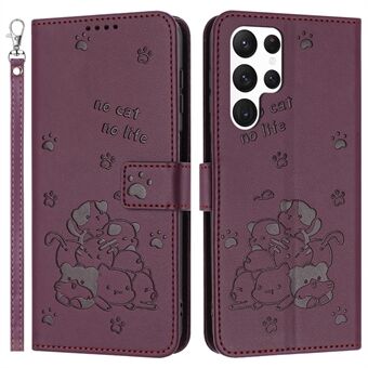 For Samsung Galaxy S23 Ultra Etui med Stropp Katter Preging Lommebok Telefondeksel i Skinn