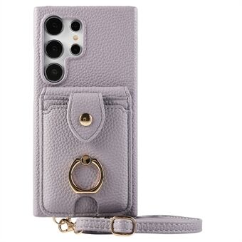 For Samsung Galaxy S23 Ultra Etui med Kortholder, Skulderrem PC+TPU Ring Stativ Telefonbakdeksel