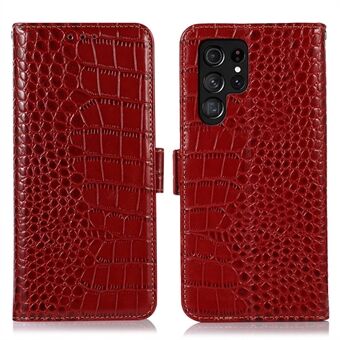 For Samsung Galaxy S23 Ultra ekte okseskinn lommebokveske Crocodile Texture RFID Stand Magnetisk flip telefondeksel