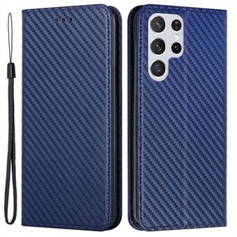 For Samsung Galaxy S23 Ultra Carbon Fiber Texture PU Lær lommebok Flip Cover Stand Magnetic Absorption Telefonveske med håndleddsstropp