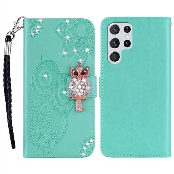 For Samsung Galaxy S23 Ultra Fall Proof Rhinestone Decor Telefondeksel, Imprinting Owl Flower Pattern Stand Lommebok Lærveske