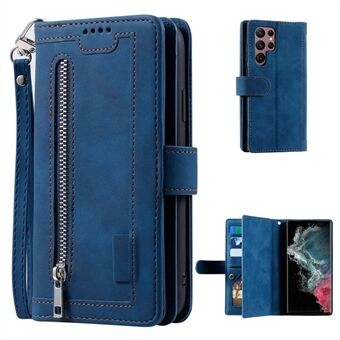 For Samsung Galaxy S23 Ultra glidelåslomme 9 kortspor Design PU-skinn lommebokdeksel Sammenleggbart Stand Telefon Fallsikkert etui med håndstropp