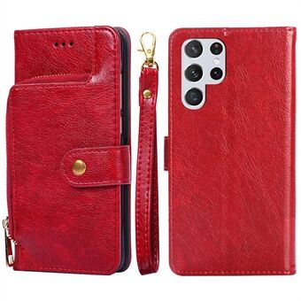 For Samsung Galaxy S23 Ultra Zipper Pocket Telefonveske PU-skinn sammenleggbart Stand lommebokdeksel med praktisk stropp