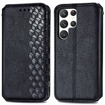 For Samsung Galaxy S23 Ultra bokstil PU-skinn med rutertrykket deksel, magnetisk selvklebende stativ lommebok-klafftelefonveske.