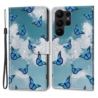 For Samsung Galaxy S23 Ultra PU skinnmønsterutskrift Telefonveske Kortholder Stand med stropp