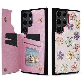 For Samsung Galaxy S23 Ultra Etui med støtteben i kunstlær+TPU blomster-mobildeksel