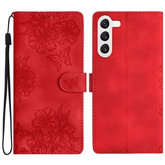 For Samsung Galaxy S23 Etui med Sakura Butterfly-mønster, lærdeksel med håndrem