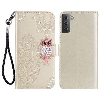 For Samsung Galaxy S23 Rhinestone Decor Telefondeksel, Imprinting Owl Flower Pattern Stand Lommebok Lærveske