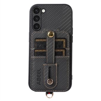 ABEEL Stil 02 Karbonfiber Tekstur PU+TPU Telefon Etui for Samsung Galaxy S23 RFID Blokkerende Kortholder Støttefot Deksel