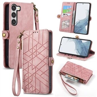 For Samsung Galaxy S23-etui Geometri Glidelås lommebok lærtelefondeksel med håndleddsreim