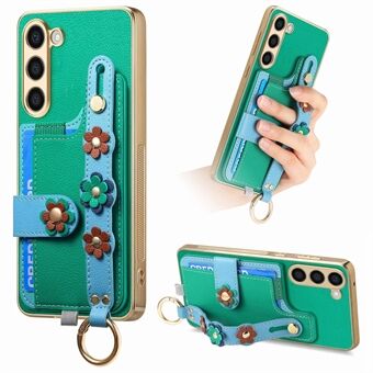 W2-serien For Samsung Galaxy S23+ Etui Lærbelagt TPU Telefondeksel Anti-Fall Håndleddsstropp 3D Blomsterdekor