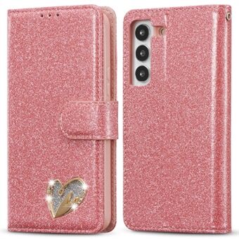 For Samsung Galaxy S23+ Glitter Leather Case med Diamond Love Heart Wallet Stand Flip Cover