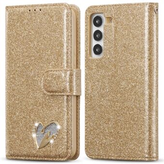 For Samsung Galaxy S23+ Glitter Lærveske med Diamant Kjærlighetshjerte Lommebok Stativ Flipdeksel