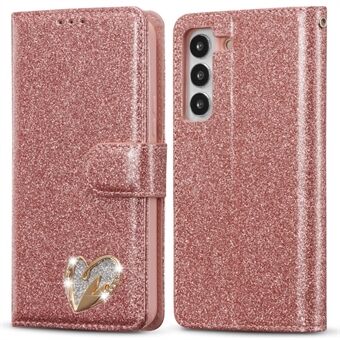 For Samsung Galaxy S23+ Glitter Lærveske med Diamant Kjærlighetshjerte Lommebokstativ Flipdeksel