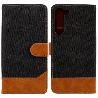 For Samsung Galaxy S23+ kalvtekstur PU skinnskjøting jeans klut Telefondeksel Stand Lommebok Folio Flip-veske