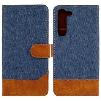 For Samsung Galaxy S23+ kalvtekstur PU skinnskjøting jeans klut Telefondeksel Stand Lommebok Folio Flip-veske