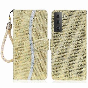 For Samsung Galaxy S23+ skjøtedesign PU-skinn Glitter Bling telefonveske Sammenleggbart Stand Lommebok Fallsikkert deksel med håndstropp