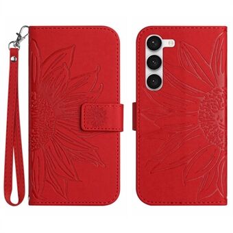 For Samsung Galaxy S23+ HT04 Flip Wallet Cover Skin-Touch-påtrykt solsikke Scratch Stand med håndstropp