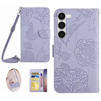 For Samsung Galaxy S23+ HT03 Skin-touch PU lær lommebok telefonveske Butterfly Flowers påtrykt Stand Magnetisk foliodeksel med skulderstropp