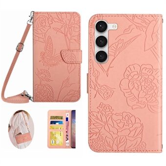 For Samsung Galaxy S23+ HT03 Skin-touch PU lær lommebok telefonveske Butterfly Flowers påtrykt Stand Magnetisk foliodeksel med skulderstropp