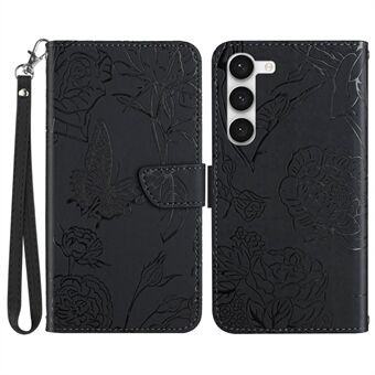 For Samsung Galaxy S23+ HT03 påtrykte sommerfuglblomster lommebokveske Skin-touch PU-skinn Magnetisk flipstativ Stand med stropp