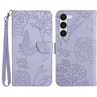 For Samsung Galaxy S23+ HT03 påtrykte sommerfuglblomster lommebokveske Skin-touch PU-skinn Magnetisk flipstativ Stand med stropp