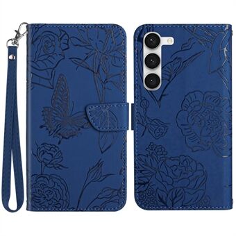 For Samsung Galaxy S23+ HT03 påtrykte sommerfuglblomster lommebokveske Skin-touch PU-skinn Magnetisk flipstativ Stand med stropp